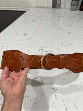 Patricia Nash Embossed Leather Wide Belt in Cognac Brown with Brass Buckle